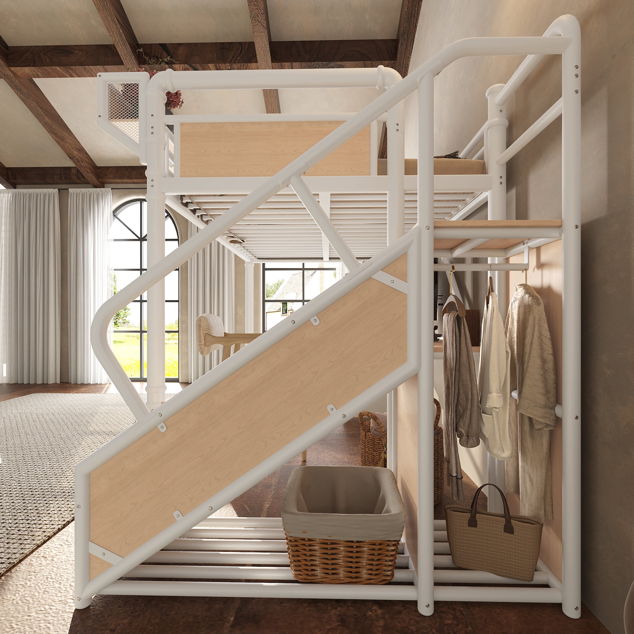 GDF Studio Full Size Metal Loft Bed with Desk, Power Outlet, LED Light, Storage & Wardrobe, White