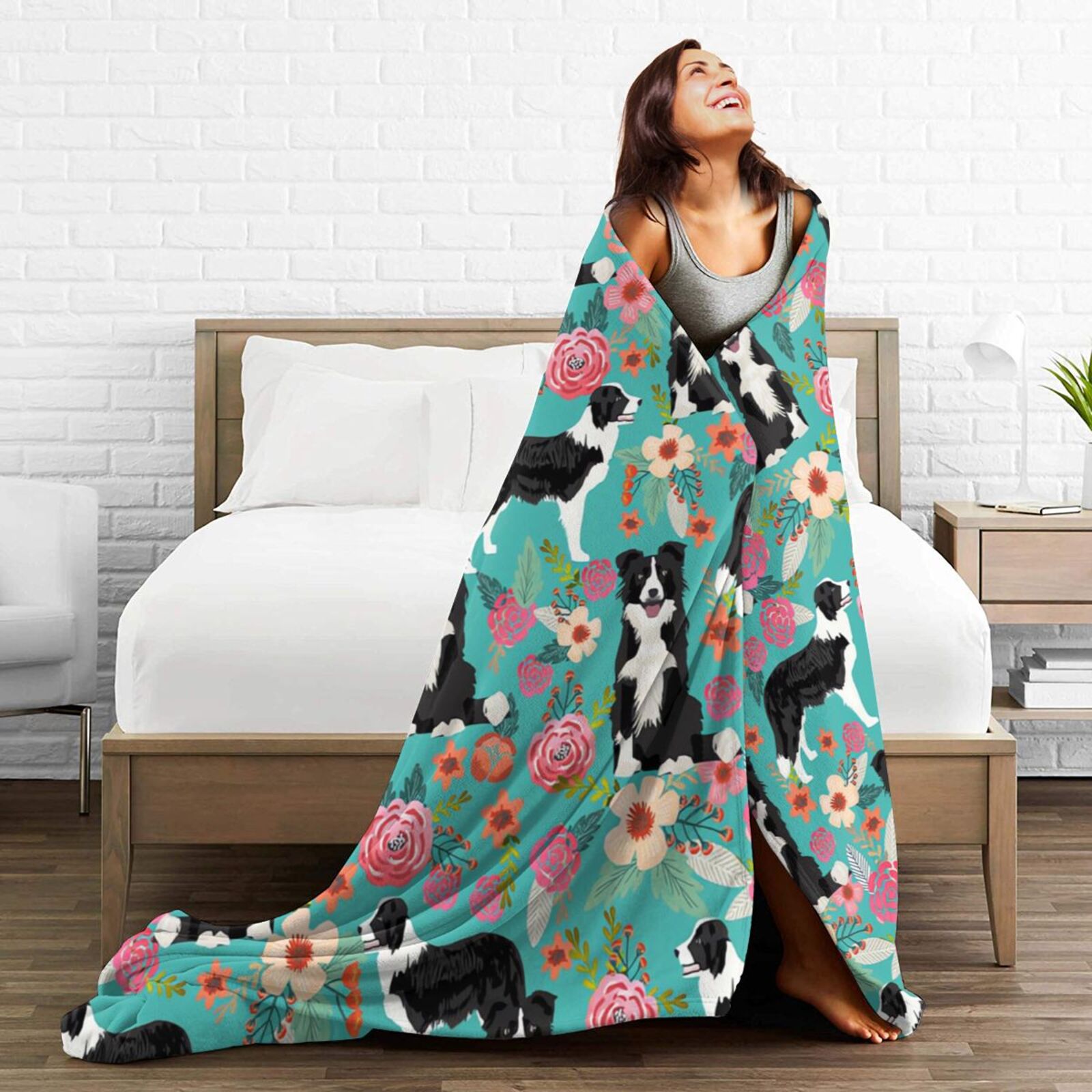 Wijzvio Border Collie Dogs Flower Floral Throw Blanket Soft Fuzzy Fleece Blanket For Couch Bed Living Room Decoration 60"X50"