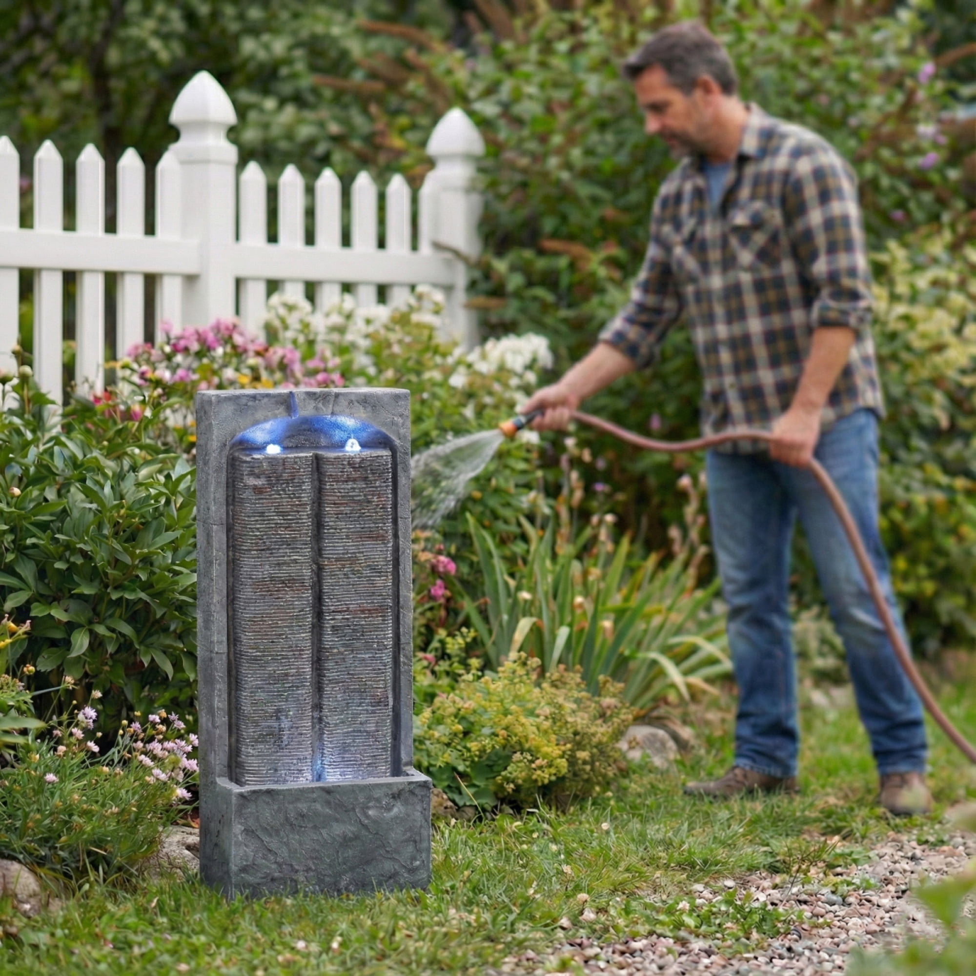 Outdoor Water Fountain Cascading LED Lights 39" H, Resin Fiberglass with Quiet Pump, Freestanding Water Feature for Garden Patio Porch Lawn Backyard Indoor Outdoor Decor