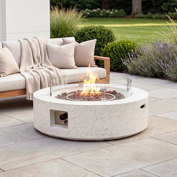 FOROUTIA 41" Round Terrazzo White Propane Fire Pit Table with Glass Cover, 50,000 BTU Outdoor Gas Fire Pit for Patio Backyard Garden