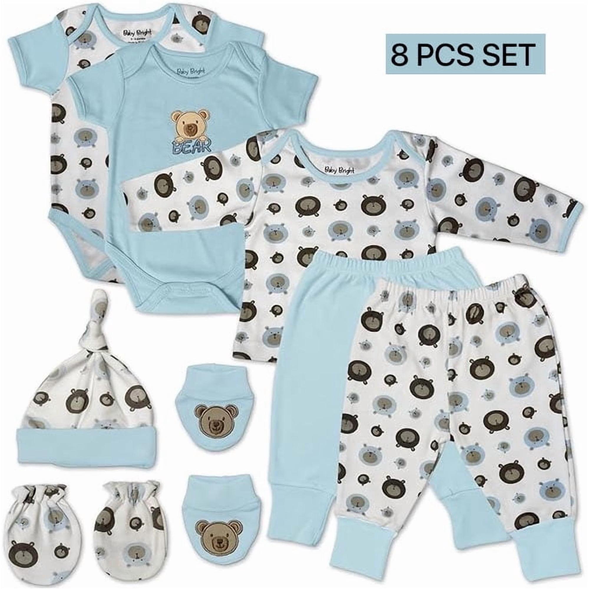 Baby Bright Newborn Essentials Must Have Clothes for Baby Boy, Outfit Gifts for Infant, Baby Shower Gift, 8-Pieces, Size 0-3 Months