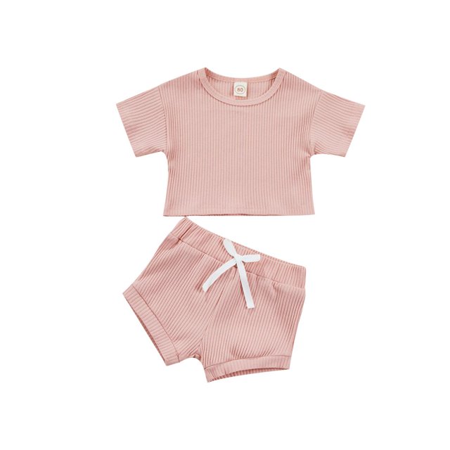 Infant Baby Ribbed Knitted Clothes Set Solid Color Short Sleeve Tops+Shorts Outfits Summer