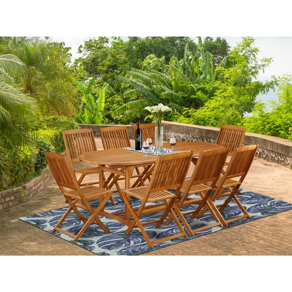 Patio Dining Set 9 Piece Acacia Wood Outdoor Table & Folding Chairs - 36x78 Inch