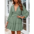 thumbnail image 3 of Dokotoo Women's Green V Neck Long Sleeve Ruffle High Waisted Flowy Mini Dress Size Large US 12-14, 3 of 6