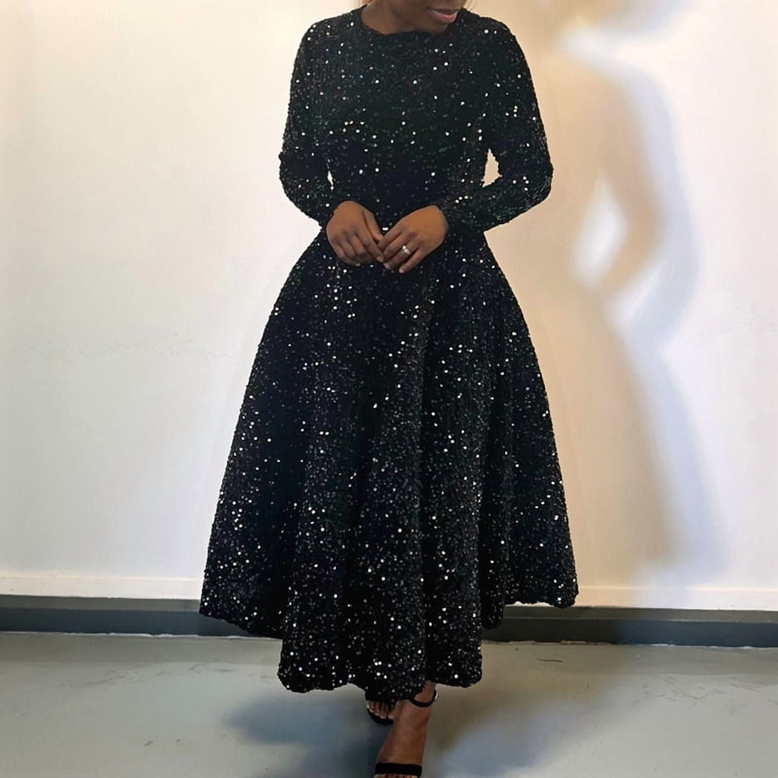 Women'S Sequin Plus Size Long Sleeve A-Line Flared Party Cocktail Sparkle Glitter Evening Shiny Maxi Dress Black XL