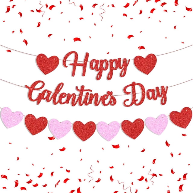 Banner Happy Galentines Day con purpurina en forma de corazón rojo y rosa