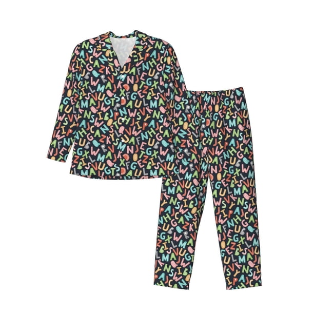 Balery Alphabet Pijama para Hombre de Dos Piezas con Manga Larga, Conjunto de Dormir y Descanso Suave con Bolsillos-Large