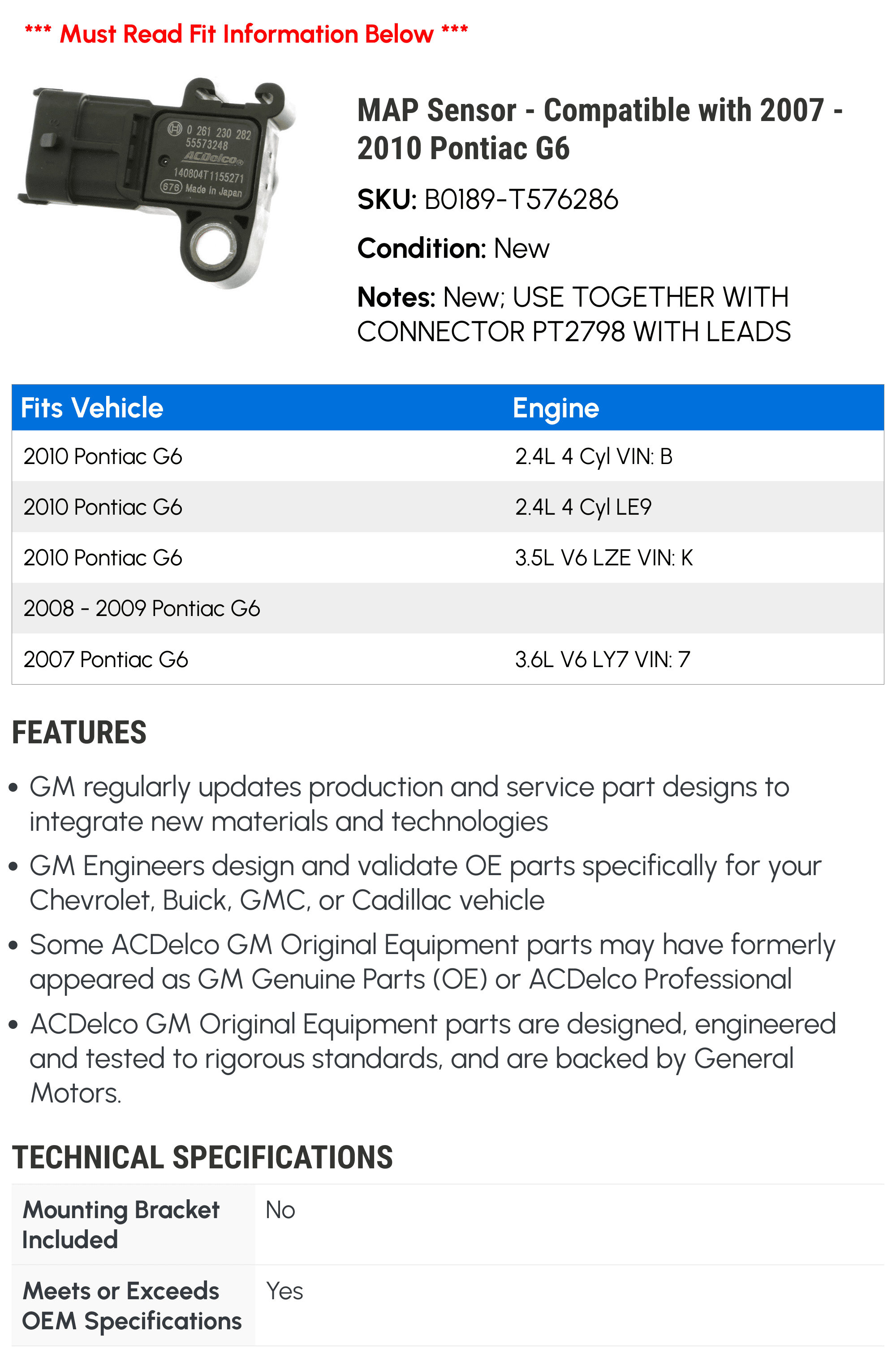 MAP Sensor - Compatible with 2007 - 2010 Pontiac G6 2008 2009