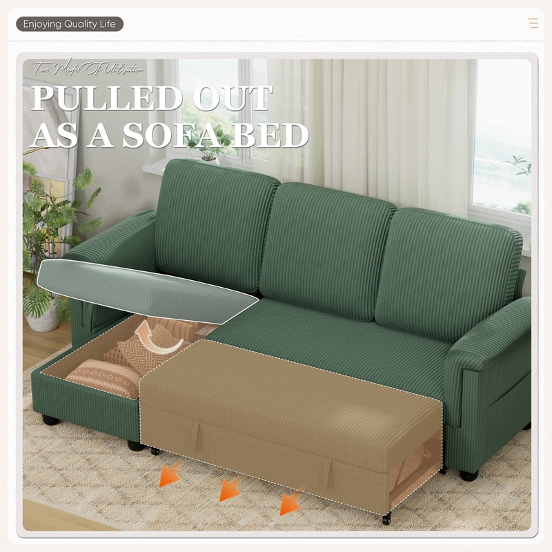 Vineego Corduroy Versatile Sectional Couch, Small Sleeper Sofa with Pull-Out Bed and Storage,Green