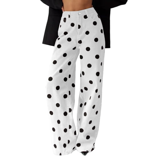 Women's Polka Dot Wide Leg Jeans High Waist Button Casual Loose Fit Trendy Extra Long Denim Pants (XL, White)