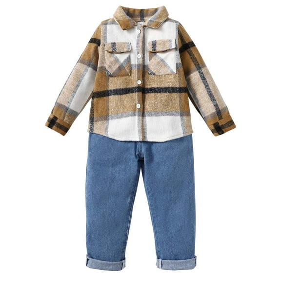 Kucnuzki 7T Little Boy Winter Outfits Pants Sets Long Sleeve Classic Plaid Prints Woolen Shirt Elastic Denim Pants 2PCS Set Brown