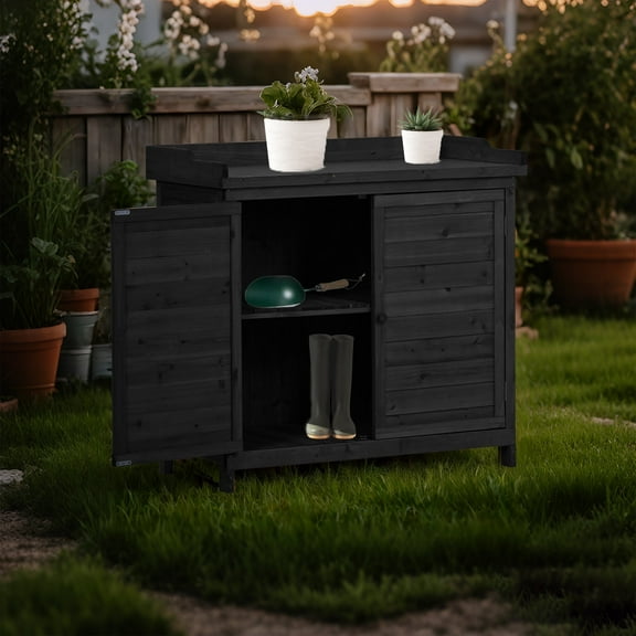 YIYADO Outdoor 39" Potting Bench Table, Rustic Garden Wood Workstation Storage Cabinet Garden Shed with 2-Tier Shelves and Side Hook,Black