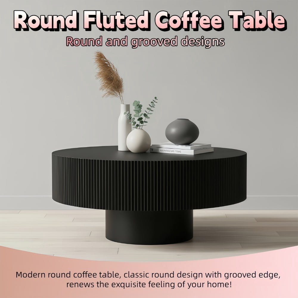 Round Fluted Coffee Table, Modern Pedestal Coffee Table for Living Room, Mid Century Modern Side Table, Small Space Accent Table, Black