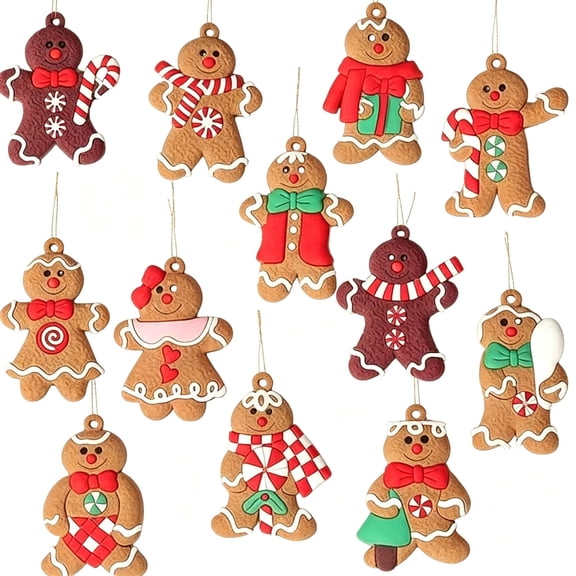 12 Piece Wooden Gingerbread Man Christmas Ornament Set, Assorted Holiday Hanging Pendants With Character Details, Tree Wreath Garland Gift Bag And Party Decorating For Christmas Displays