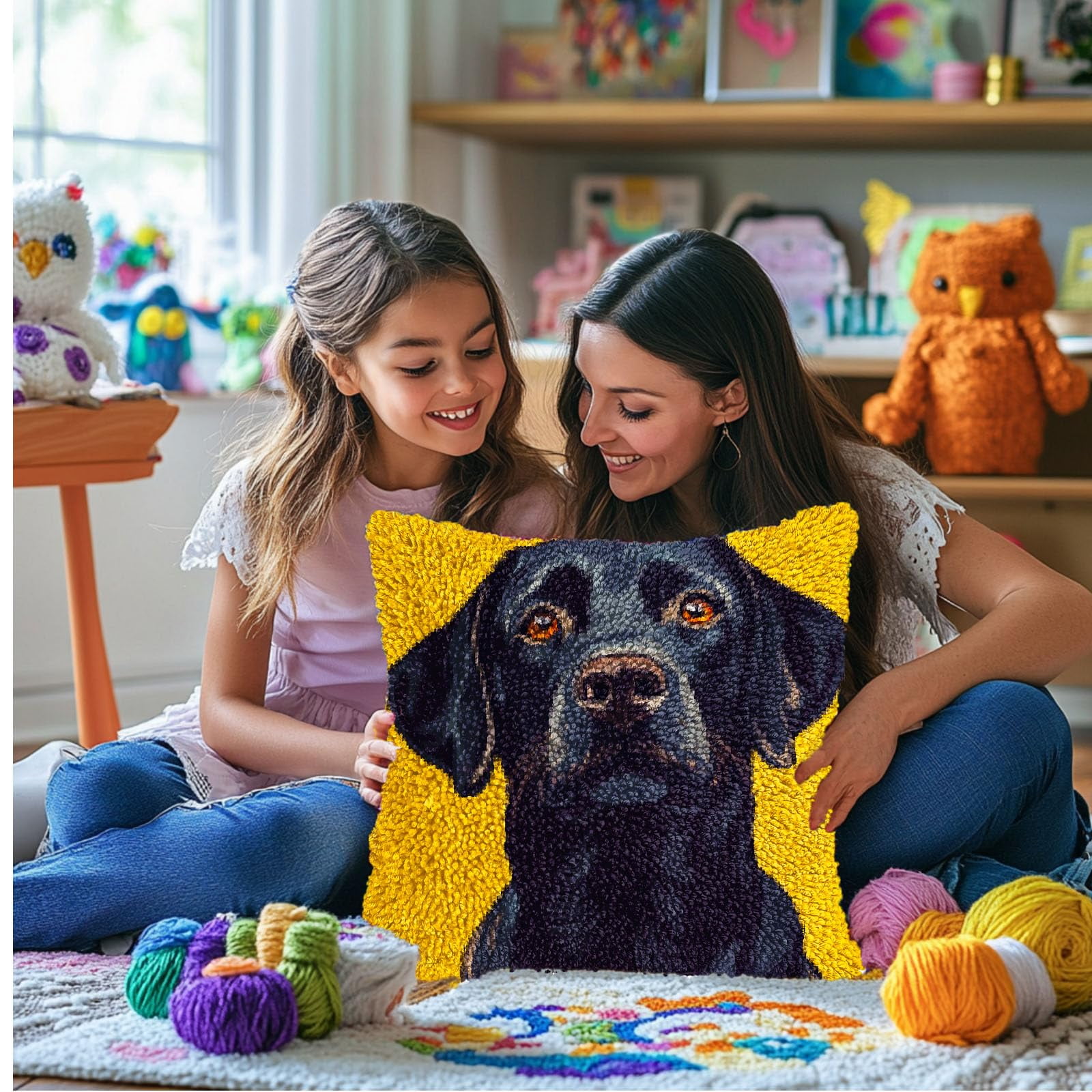 DIY Latch Hook Pillow Kits for Adults Cartoon Black Labrador Dog Printed Pillowcase Crochet Yarns Hooking Handmade Pillow Cover Cushion for Home Sofa Decoration 17x17inch-14