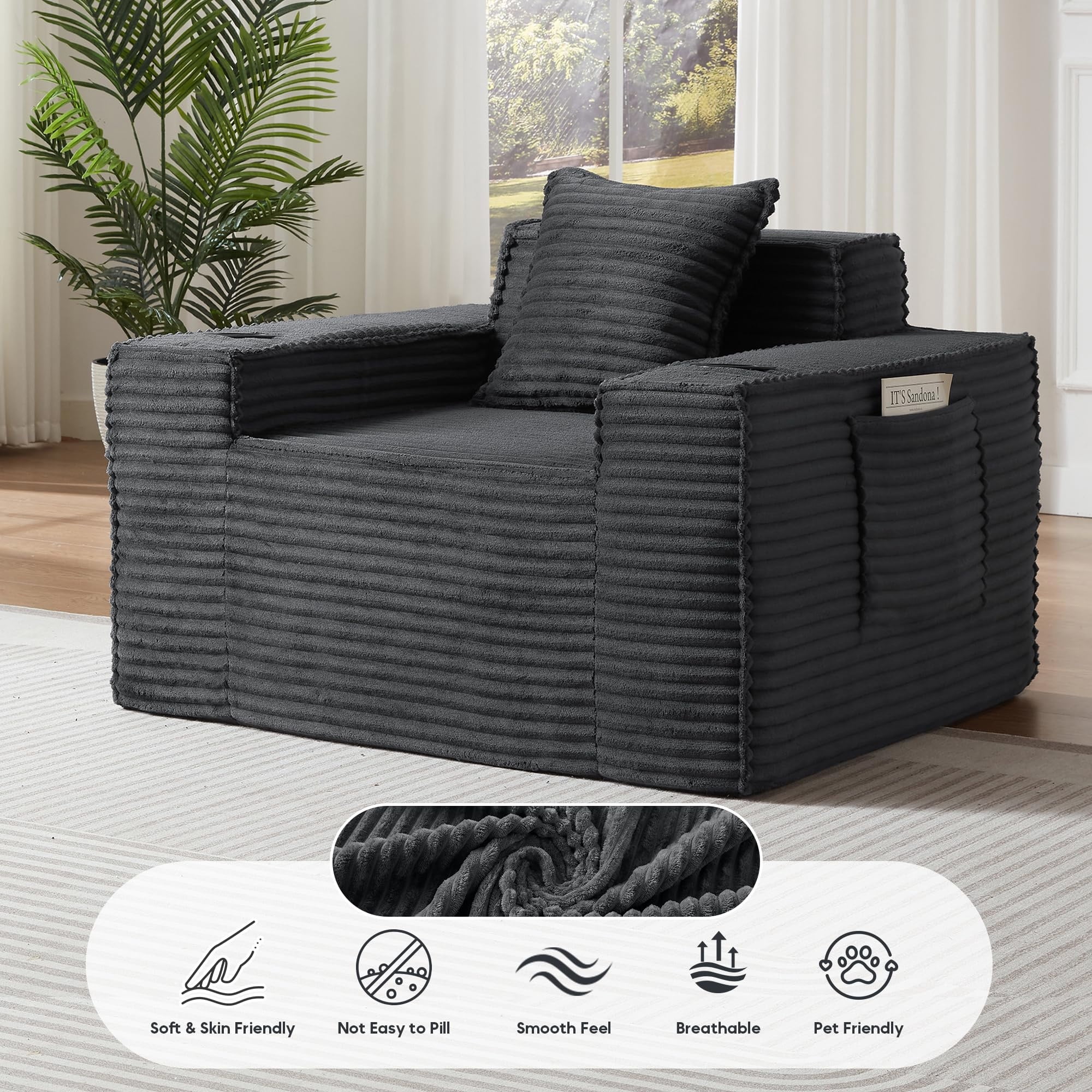 Aukfa 3 Piece Boneless Couch Set, Cloud Sofa Armchair w/ 2 Cup Holders&Storage Pockets for Living Room, Corduroy, Gray