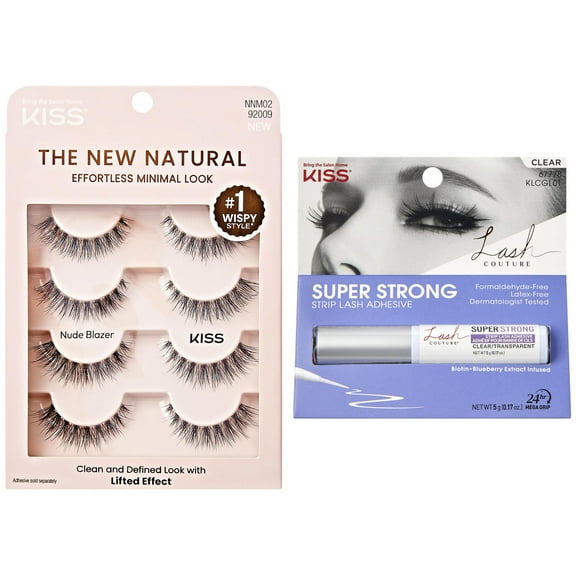 KISS The New Natural, False Eyelashes, Nude Blazer, 12 mm, 4 Pairs and Lash Couture Latex-Free Super Strong Strip Eyelash Adhesive, Clear Liquid, 0.17 oz Set