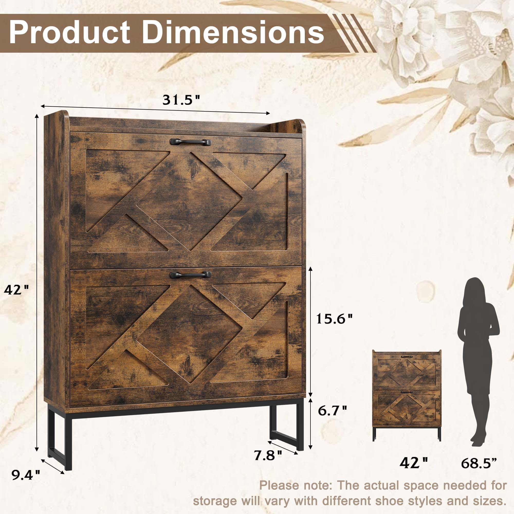 Skyhill Shoe Cabinet with 2 Flip Drawers,Farmhouse Shoe Organizer for Entryway,Brown