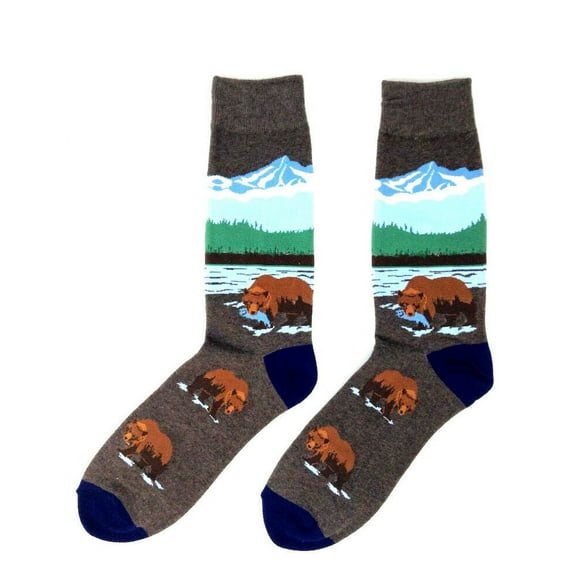 Fine Fit Casual Funny Animal Pattern Knit Crew Socks - Grizzly Bear