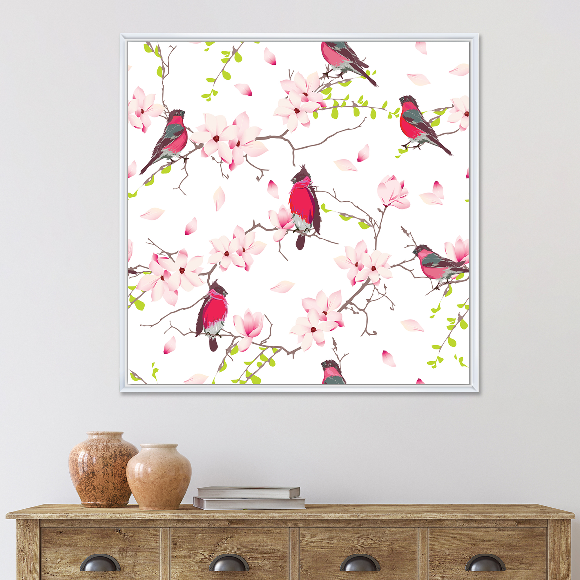 Designart 'Red Bullfinches Sitting On Magnolia Tree' Traditional Framed Canvas Wall Art Print