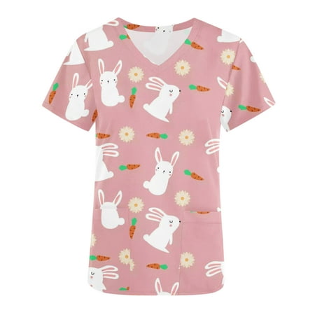 

SELONE Easter Scrub Top for Women Graphic Short Sleeve Bunny Gnomes Easter Eggs Printing with Pockets V Neck Workwear Casual Summer Cute Spring Trendy Comfortable Fashion Pullover Vintage Pink XXL