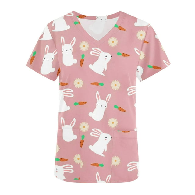 RKSTN Womens Scrub Tops Short Sleeve V-neck Plus Size Tops Bunny Easter Print Comfortable Soft Working Uniform Tops with Pockets