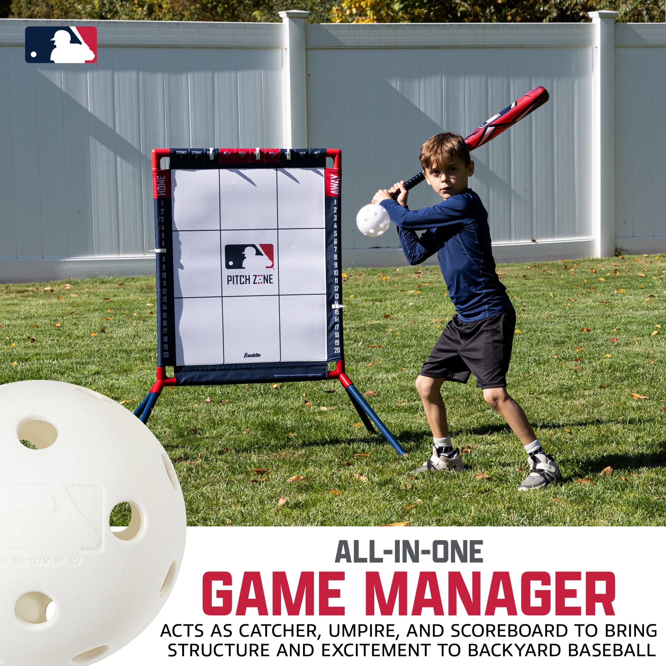 Franklin Sports MLB Pitch Zone Target – Backyard Baseball Strike Zone Trainer with Audible Feedback, Scoring Markers & 3 Plastic Balls – Practice Pitching Accuracy, Strikes, and Outs for Kids & Youth