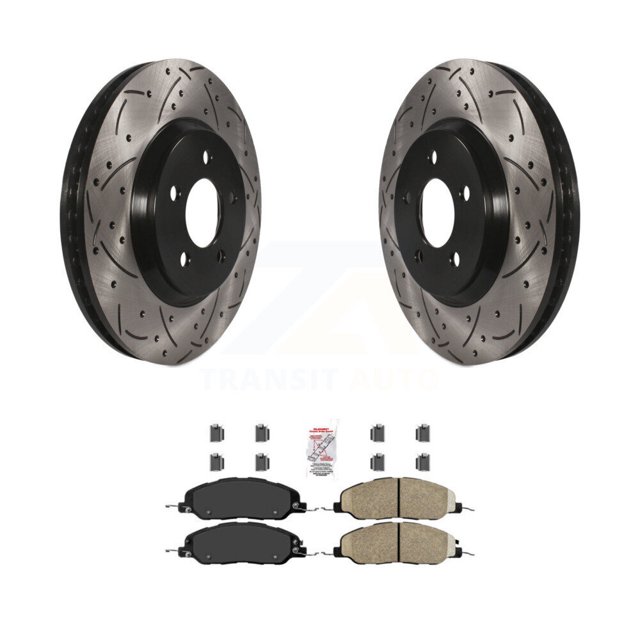 Transit Auto Front Coated Drilled Slotted Disc Brake Rotors and Ceramic Pads Kit for Car Ford Mustang KDA-100344