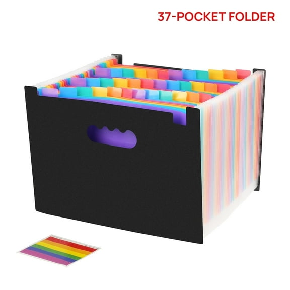 37- Pocket Expanding File Folders for Paper Receipts, Bills&Taxes Organizer, Letter/A4 Size Document Holder for School, Office, Home with Colorful tabs- Black
