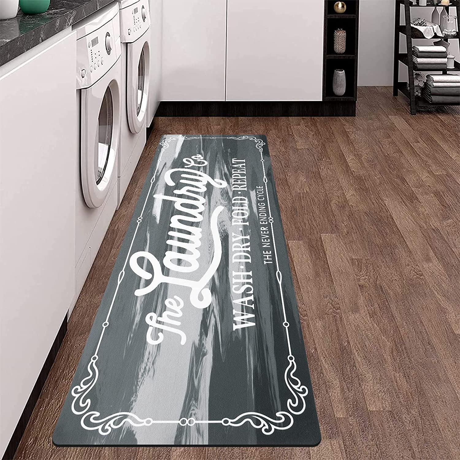 Findosom 20"x60" Farmhouse Laundry Room Rug Non Slip Rubber Laundry Runner Rug Waterproof Washable Indoor Laundry Rugs and Mats for Kitchen Floor Laundry Room Bathroom Hallway Entryway Decor Gray
