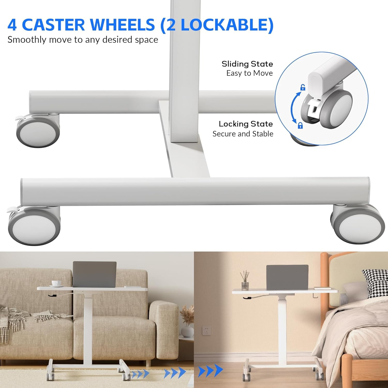 JessieMal Mobile Laptop Standing Desk Adjustable Height, Small Mobile Desk Workstation with Wheels, Portable Rolling Computer Desk Cart for Home Office Classroom (White)