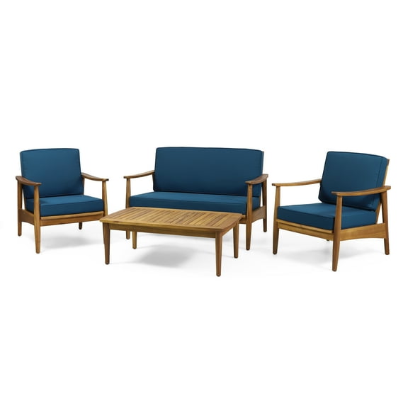Greta Acacia Wood 4-Piece Outdoor Chat Set with Dark Teal Cushions, Teak