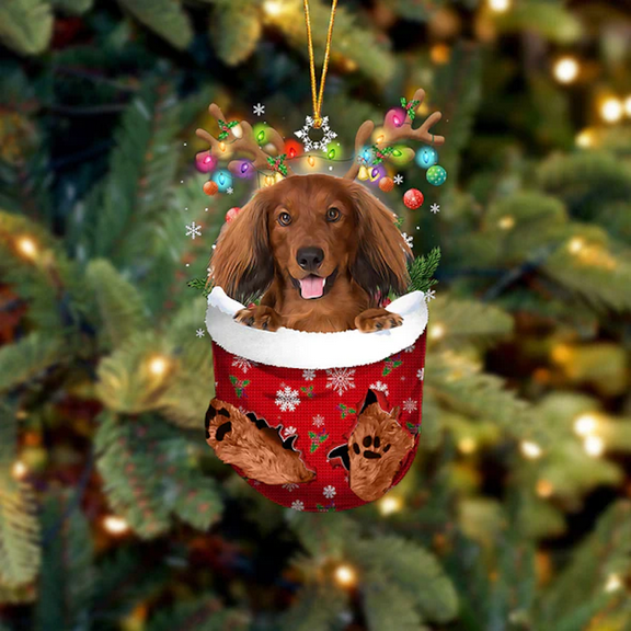 Acrylic 2D FLAT Dachshund In Snow Pocket Christmas Ornament 2