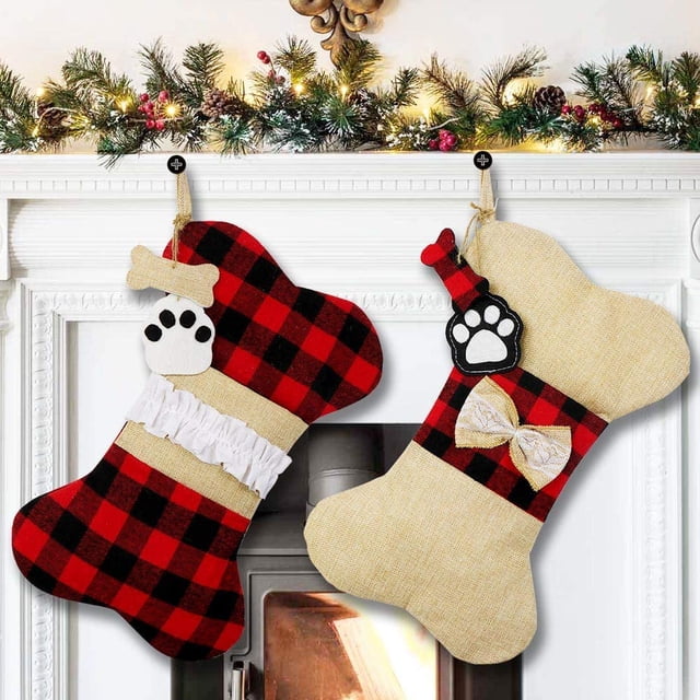 Medias navideñas para perros y mascotas, juego de 2, medias navideñas a cuadros de búfalo, medias colgantes con forma de hueso grande para decoraciones