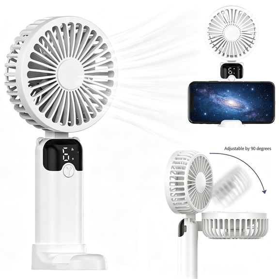 JELLOO Portable Handheld Fan, Battery Operated Fan with Base,Digital Display, 6 Speeds, 90° Ajustable, Rechargeable Mini Fan for Outdoor Indoor