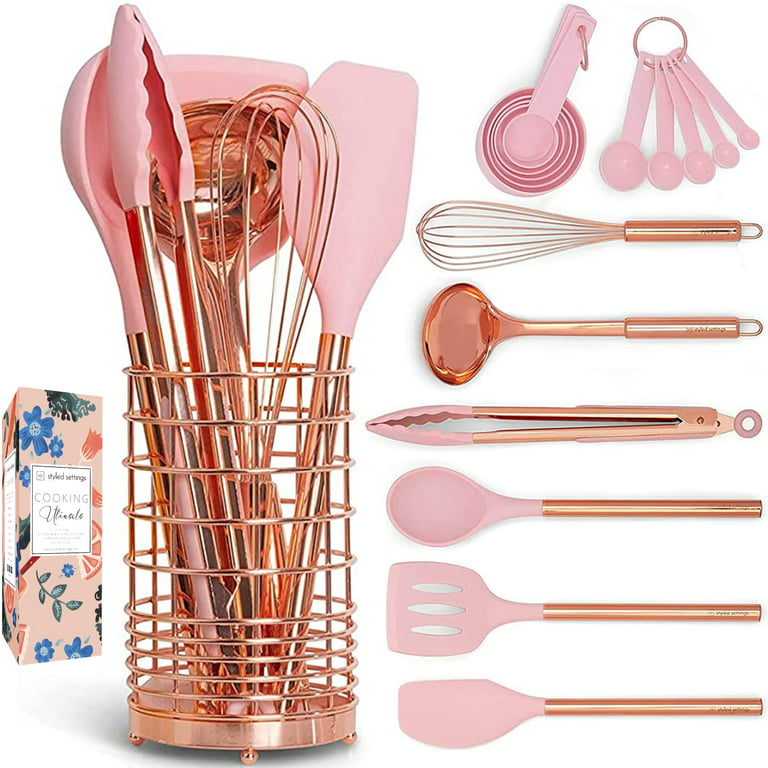 Pink Silicone Utensils Set With Plastic Holder