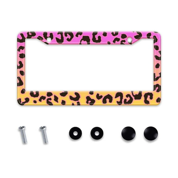 Leopard Print License Plate Frame Cheetah Tags Frames Holder Covers Metal Aluminum Rustproof Cute Car Accessories for Us Canada Standard Women Men 2 Holes with Screw Caps