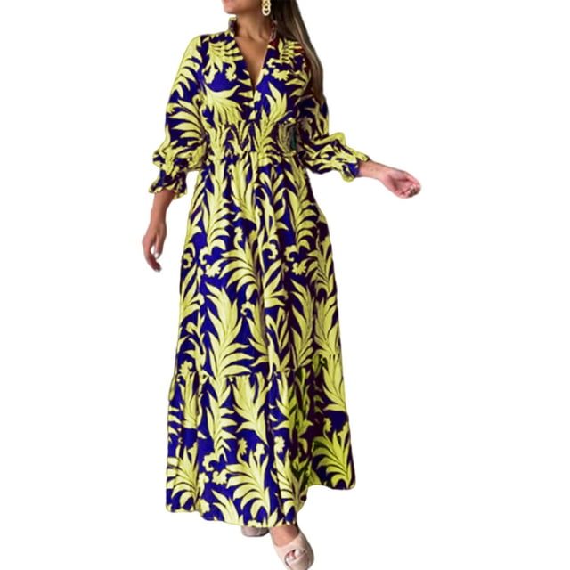 Fashnice Robe Longue Femme Col en V Maxi Robes Manches Tunique Chandail Fête Boho Jaune+ Bleu P