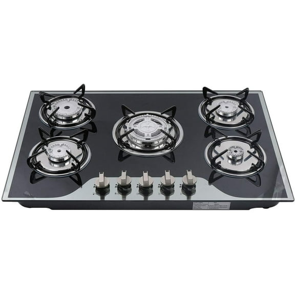5 Burners Gas Cooktop Tempered Glass Built in Gas Stove, Burners Gas Hobs Kitchen Cooker Cooktop LPG/NG Gas Black for Home Thermocouple Protection