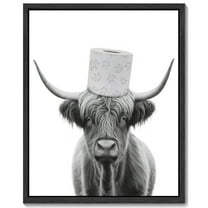 Funny Highland Cow Bathroom Wall Art 11x14in Framed Black and White Rustic Cute Bathroom Canvas Prints for Bathroom Restroom Decor