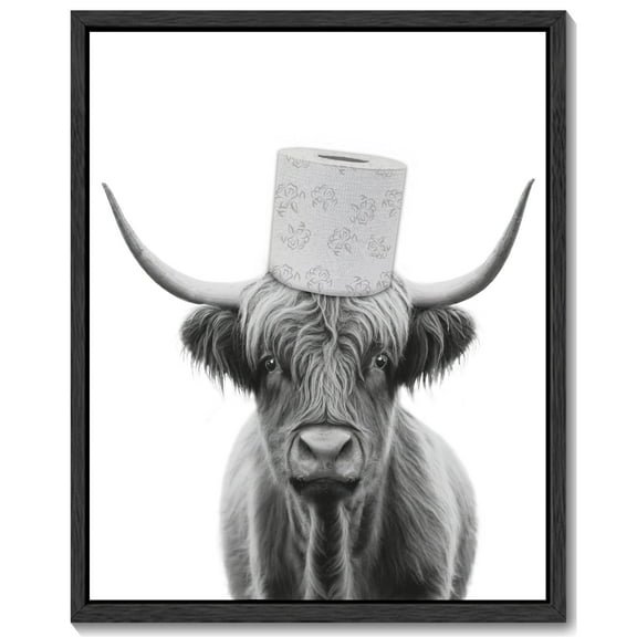 Funny Highland Cow Bathroom Wall Art 11x14in Framed Black and White Rustic Cute Bathroom Canvas Prints for Bathroom Restroom Decor