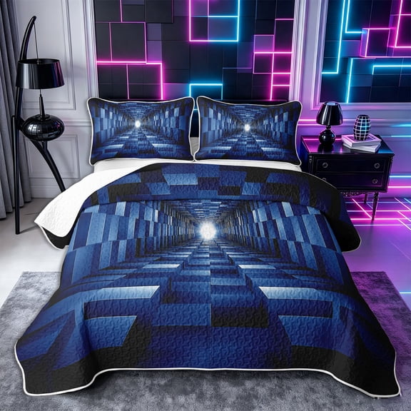 Castle Fairy Futuristic Cubes Tunnel Twin Quilt Set 2 Pieces,Geometric Block Twin Coverlet Set,Navy Black,1 Bedspread and 1 Pillowcase