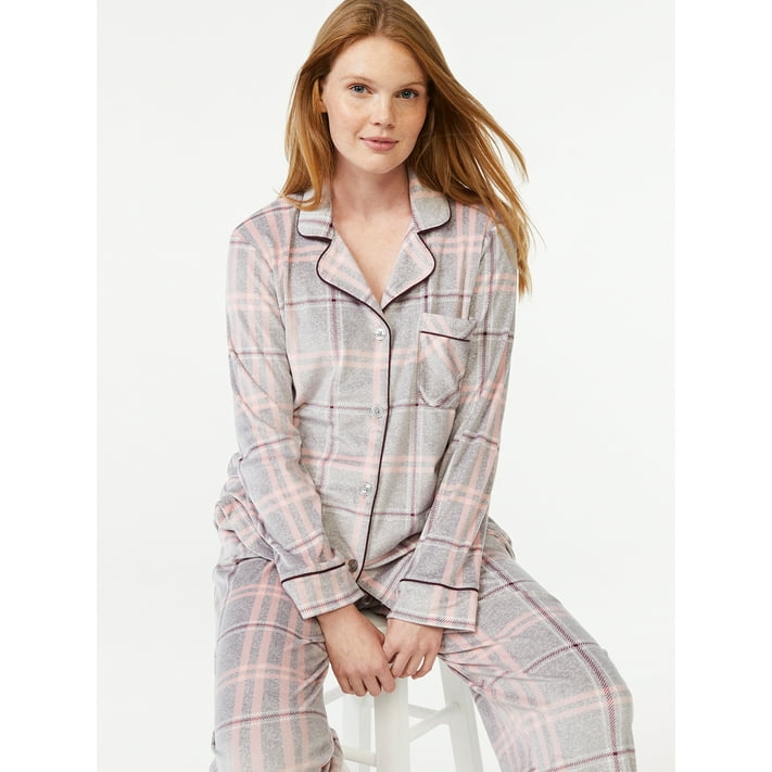 Joyspun Women's Velour Knit Pajama Set, 2Piece, Sizes up to 3X