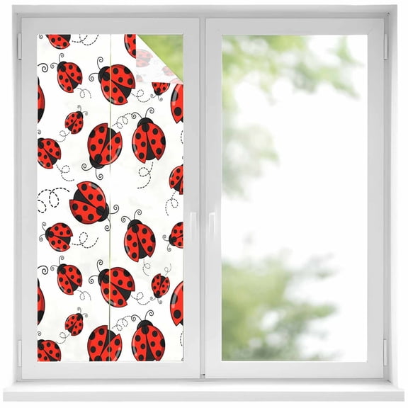 Window Privacy Film Red Ladybugs Stained Glass Window Film Decorative Sun Block Window Cover Animal Themed Spring Summer Rustic Window Clings Static Adhesive Sticker for Bathroom 19.6"x39.3"