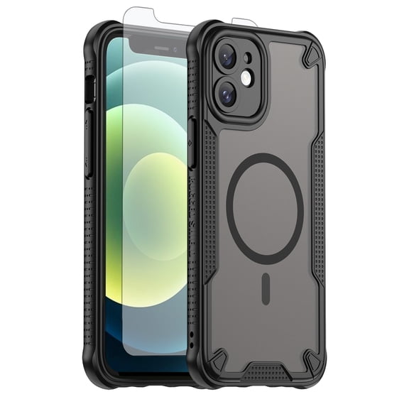 Asuwish Phone Case for iPhone 12 Mini 5.4 Compatible with Magsafe Magnetic Tempered Glass Screen Protector Translucent Matte Back Shockproof Protective Cell Cover iPhone12mini 5G i12s Women Men Black