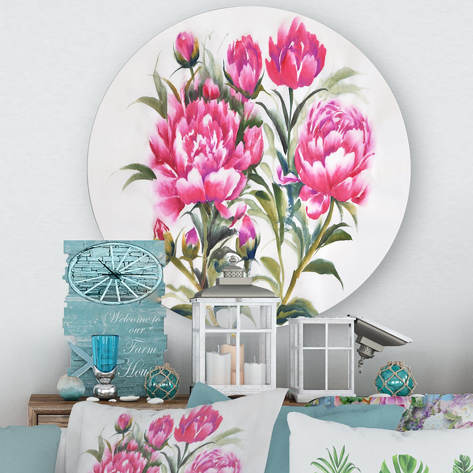 Designart 'Purple Peonies Flowers' Traditional Circle Metal Wall Art 11x11 - Disc of 11