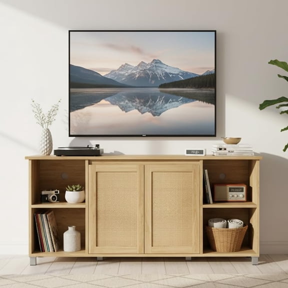 EcoSummer Rattan TV Stand – Wooden Media Console Table with 2 Glass Doors & Open Shelves, Entertainment Center for Living Room, Natural Oak, Fits Up to 70" TVs