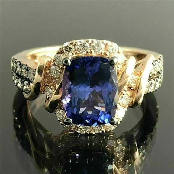 10x8 mm Cushion Cut Tanzanite & Moissanite Engagement Ring – 3.50 CTW, 14K Yellow Gold Plated Over 925 Sterling Silver, Women’s Ring Size 5