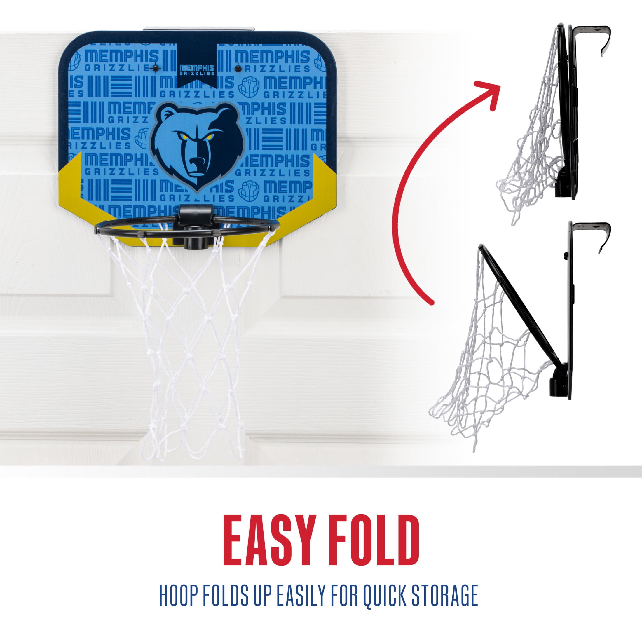 Franklin Sports NBA Memphis Grizzlies Mini Over the Door Basketball Hoop - Kids Indoor Mini Basketball Hoop with Basketball - NBA Fan Shop Mini Hoop for Bedroom + Office - Over the Door Mini Hoop Set