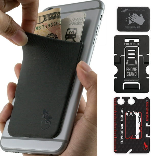 Gecko Travel Tech Portefeuille Téléphone - Stick sur Porte-Carte Portefeuille pour Téléphones Cellulaires - Poche de Carte Adhésive - Gris Noir